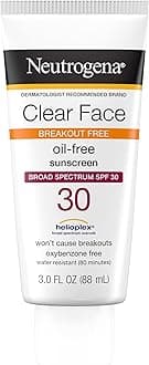 Clear Face Liquid Sunscreen for Acne-Prone Skin, Broad Spectrum SPF 30 Sunscreen Lotion with Helioplex, Oxybenzone-Free, Oil-Free, Fragrance-Free; Non-Comedogenic, 3 fl. oz