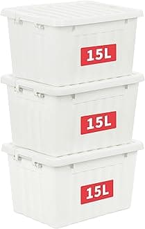15L*3 Storage Boxes with Lids, Plastic Storage Box with Latching Buckles, Click Closure, Stackable, Nesting, Organizer for Home Office Clothes, White, 15L-3 Pack