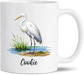 Customized Name Ceramic Mug Gifts For Great Egret Lovers, Personalized Great Egret Bird White Coffee Mug 11Oz 15Oz, Egrets Watercolor Cup, Bird Themed Travel Mugs, Birds Lover Tea Cup For Birthday