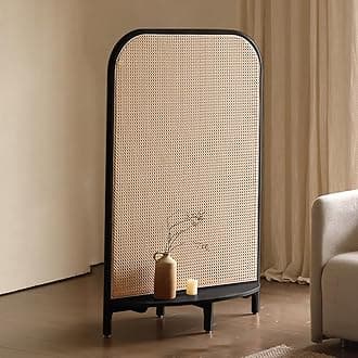 Single Panel Solid Wood Room Divider, Removable Rattan Indoor Screen, Multifunctional Base with Storage, Bedroom Decoration, Freestanding Wall Divider,C
