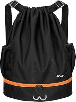 RYACO Drawstring Backpack Sports Gym Bag, Water Resistant String Sackpack Large Size with Zipper and Water Bottle Mesh Pockets for Gym Shopping Sport Yoga School Swimming Beach