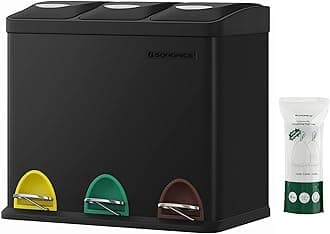 SONGMICS LTB24BK 3 x 8L Small Volume Kitchen Waste Bin with Lids Triple Steel Bin for Small Families Pedals and Buckets Easy to Clean Black LTB24BK