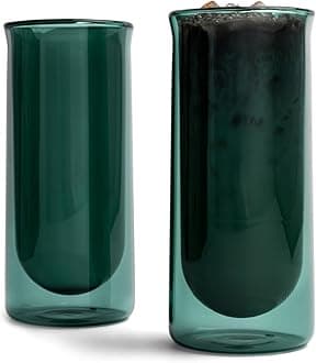 FLUR Iced Coffee Glasses (Set of 2) Perfect for Iced Coffee, Cold Brew & Lattes – Double-Walled Borosilicate Glass – For Hot & Cold Drinks – Lightweight & Easy to Clean – 15.5oz (Teal)