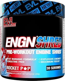 EVL Ultimate Pre Workout Powder - Thermogenic Fat Burn Support Preworkout Powder Drink for Lasting Energy Focus and Stamina - ENGN Shred Intense Creatine Free Preworkout Drink Mix - Rocket Pop