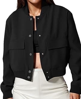 Women's Spring Varsity Bomber Jackets Long Sleeve Cropped Button Down Casual Coat with Pockets Outwear