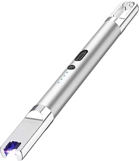Candle Lighter Electric Lighter with Battery Display and Safety Switch USB Rechargeable Lighter for Candle Cooking BBQ and Fireworks Aluminum Case & Hanging Hook Plasma Lighter Arc Lighter (Silver)