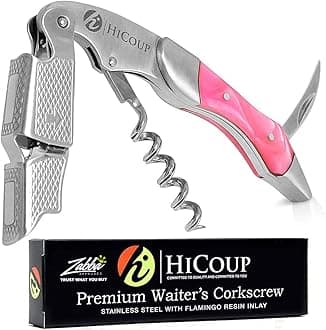 Hicoup Wine Opener - Professional Corkscrews for Wine Bottles w/Foil Cutter and Cap Remover - Manual Wine Key for Servers, Waiters, Bartenders and Home Use - Stainless Steel With Flamingo Resin Inlay