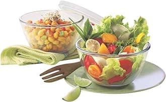 Glass Mixing & Serving Bowls with Lids, Oven & Microwave Safe Bowl, Set of 2 (900 ml each), Borosilicate Glass, Clear
