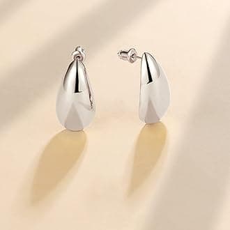Tewiky Chunky Sterling Silver Teardrop Hoop Earrings for Women, Lightweight Silver Plated Open Thick Drop Earrings Big Simple Half Fashion Teen