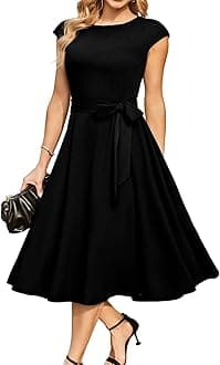 DRESSTELLS Women's Vintage 50s Round Neck Short-Sleeved Bridesmaid Dress, Cocktail Party, Wedding Dress, Black, 12