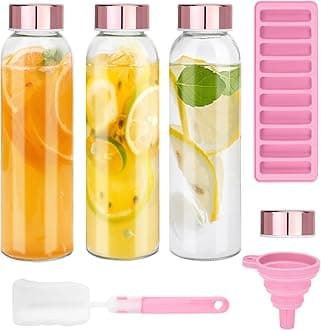Zukro Glass Water Bottles with Lids 18 oz, Reusable Clear Juice Bottles Stainless Steel Airtight Cap for Juicing, 100% Leak Proof Juice Drinking Jar for Refrigerator, BPA Free, Set of 3, Pink