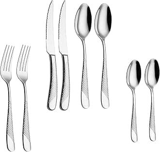Mirror Finish Silver Plated Stainless Steel Flatware Set Copper Silverware Set Rose Gold Spoon Color Cutlery Set [Dinner Fork-Tea Spoon-Salad Spoon-Knife] Set of (Silver DOT, 8)