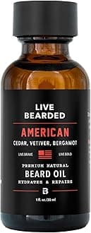 Live Bearded Beard Oil, 1 fl oz - Premium All-Natural Jojoba - Made in the USA - Hair and Skin Care for Men with Dry, Flaky Patches | American Scent - Cedar, Vetiver, Bergamont