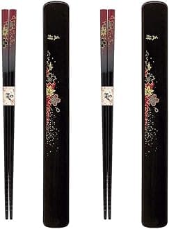 JapanBargain, Travel Chopsticks with Case Reusable Chinese Korean Japanese Bamboo Portable Chop Sticks Utensil Dishwasher Safe Made in Japan (2, Red-Yuzen)