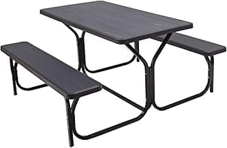 Giantex Picnic Table Bench Set Outdoor Camping All Weather Metal Base Wood-Like Texture Backyard Poolside Dining Party Garden Patio Lawn Deck Large Camping Picnic Tables for Adult (Black)