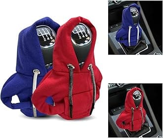 JOYCOURT 2PCS Car Gear Shift Cover, Winter Warm Fashionable Hoodie Car Shift Knob, Auto Decor Interior Accessories Shift Knob for Car, SUV, Truck (Red&Blue)