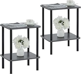 Apicizon 2 Tier End Table Set of 2, Boho Side Table with Storage Shelf, Nightstand Bedside Table for Small Spaces, Bedroom, Living Room, Entryway, Farmhouse, Easy Assembly, Grey