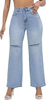 LONGBIDAWomens High Waist Ripped Straight Wide Leg Baggy Jeans Y2k Boyfriend Distressed Loose Denim Pants