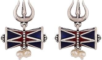 Voylla Moksha Damru Trishul Stud Earrings Anti Tarnish Spiritual Motif Oxidised Finish Temple Inspired Everyday Ethnic Styling Fashion Jewellery Womens Day Gift For Wife Sister Girlfriend