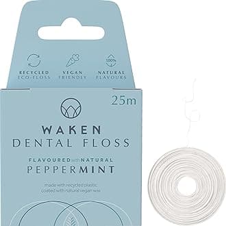 Waken, 25m peppermint dental floss, 100% natural flavor, reduces plaque and gum disease, clinically tested, vegan floss, eco-friendly, sustainable packaging, 100% recyclable, white.