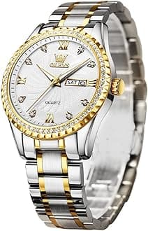 OLEVS Watches for Men Gold and Silver Day and Date Male Watch Designer Luxury Diamond Dress Roman Numerals Large Dial Easy Read Quartz Watch Men's Gifts Waterproof