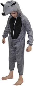 Kaku Fancy Dresses Fleece Rhino Wild Animal Costume For Kids - Grey, 7-8 Years | Animal Fancy Dress For Boys & Girls