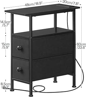HOOBRO End Table with Charging Station, Narrow End Table with 2 Fabric Drawers, Slim Nightstand with Storage Space, Slim Nightstand for Bedroom, Living Room,