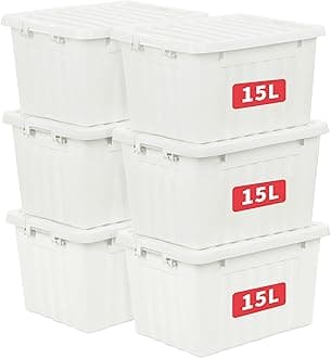 Cetomo 15L*6 Plastic Storage Box,White, Tote box,Organizing Container with Durable Lid and Secure Latching Buckles, Stackable and Nestable, 6Pack, with Buckle