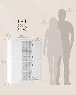 VASAGLE Bathroom Floor Storage Cabinet, Bathroom Storage Unit, Freestanding Cabinet with 4 Doors, Adjustable Shelves, 11.8 x 23.6 x 43.3 Inches, White UBBC552P31