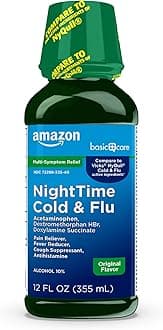 Amazon Basic Care Nighttime Cold and Flu Medicine, Maximum Strength, Original Flavor Liquid, Multi-Symptom Relief for Cough, Sore Throat, Fever, 12 fl oz (1-Pack)