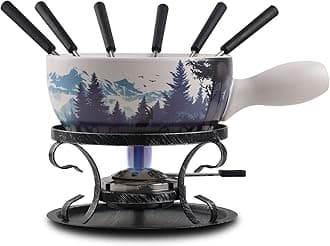 Artestia Serene Summits Swiss Design Fondue Set for Party - 2L Large Capacity Ceramic Fondue Pot Melting Cheese, Chocolate, 6 Fondue Forks, Fondue Party, Wedding Gifts