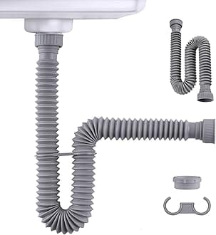 iFealClear P-Trap Sink Drain Pipe with 4 Rubber Sealing Rings, Flexible Drain Pipes 11"-34.5" P Trap Tube Fits 1-1/2", 1-1/4" Holes for Kitchen, Bathroom, Garbage Disposal, Expandable, Gray