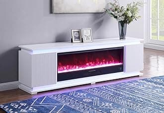 First of a Kind Harlow Electric Fireplace TV Stand - Modern LED Entertainment Center with Fluted Side Panels & Sleek Matte Finish - Includes Two Doors, Two Shelves Inside, White