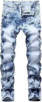 GénericMens Prints Jeans Straight Leg Simple Style Stylish Denim Trousers Stretch Pattern Jeans Pants All Waist Long Trousers