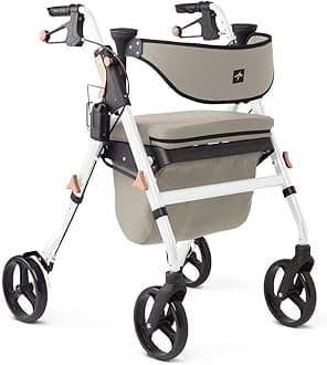 Premium Empower Rollator Walker with Memory Foam Seat, Gray & White, 300 lb. Weight Capacity, 8” Wheels, Microban* Technology, Cupholder,Rolling Walker for Mobility Impairment