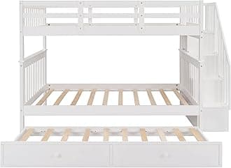 Harper & Bright Designs Full Over Full Bunk Bed Frame with Trundle and Stairs, Solid Wood Bunk Bed with Storage, for Kids Teens Adults - White