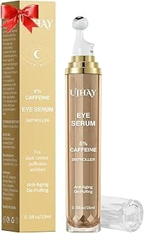 UJHAY 5% Caffeine Eye Cream, Under Eye Serum for Dark Circles, Puffiness & Wrinkles Fine Lines, Eye Roller Serum with 360° Massage Ball, Eye Treatment Balm for Men & Women