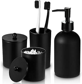 Black Bathroom Accessories Set, 4 Pack Matte Black Bathroom Decor Accessory Sets Complete, Modern Glass Soap Dispenser and Toothbrush Holder Set for Bath Counter Organizer Essentials