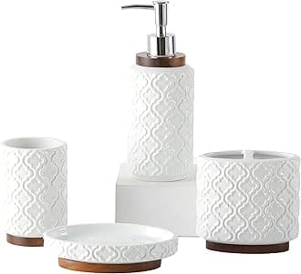 RQYIXI 4 Piece Bathroom Accessories Set, White Ceramic Bath Accessory Set with Wood Accents, Soap Dispenser, Toothbrush Holder, Tumbler and Soap Dish, Elegant Bathroom Countertop Decor