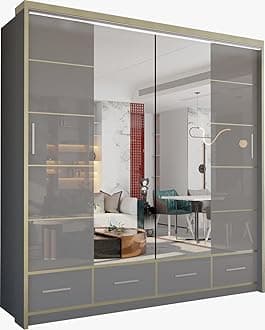 MN Furniture Sudenia High Gloss 2 & 3 Sliding Doors Wardrobe with Mirror, Drawers Cabinet with Storage Cabinets Hanging Rails Art Decor Closet in White, Black and Grey (Grey, 203cm)