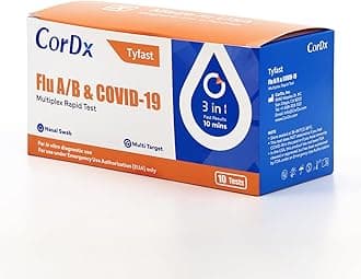 CorDx Tyfast at Home Flu A/B and COVID 19 Rapid Test Kit, Easy, Accurate, Fast Results in 10 Minutes, (10-Pack)