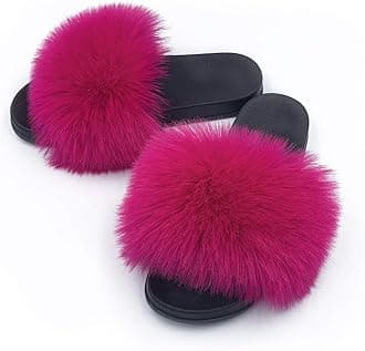 Women's Faux Fur Slides Slippers Fluffy Fuzzy Sandals Open Toe Furry Slide Flip Flop Indoor Outdoor