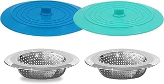 V-TOP Kitchen Drain Strainer Stopper 4 Pack, Universal 6 Inch Silicone Plug Anti-Clogging Stopper Cover, 4.5 Inch Stainless Steel Basket Strainer Food and Hair Catcher
