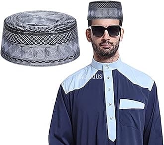 Mens Muslim Hat Islamic Prayer Cap, Muslim Eid Prayer Embroidered Kufi Fat Ramadan Mosque Arab Indian Prayer Cap