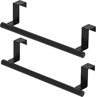 Qflushor Cabinet Door Towel Holder, Over Cabinet Towel Bar, Stainless Steel Dish Towel Holder for Cabinet Door Kicthen Towel Rack, Matte Black 2 Pack