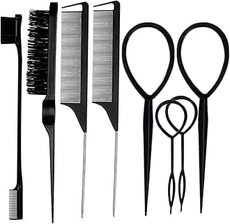 8Pcs Black Hair Brushes Set with 4Pcs Topsy Tail Tools, Teasing Bristle Brush, Edge Control Brush, and 2Pcs Metal Pin Rat Tail Combs for Women's Hair Styling and Brushing