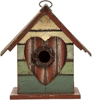 Glitzhome Hanging Bird House for Outdoor, 8.75" H Decorative Pet Cottage Distressed Heart Wooden Birdhouse for Outside, Garden Birdhouse for Bluebird Hummingbird Wren Finch Cardinals Cedar