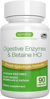 Igennus Fast Action Digestive Enzymes & Betaine HCl, 10 Broad Spectrum Enzymes with Protease, Lipase & Lactase, Papain & Bromelain, Plant-Based Vegan, Clean Label, for Women and Men, 90 Capsules