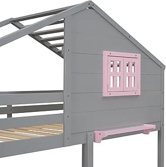 Harper & Bright Designs House Bunk Bed for Kids, Twin Over Twin Bunk Beds with Storage Drawers & Shelf, Solid Wood Bunk Bed with Roof & Window for Kids Girls Boys Teens,Gray