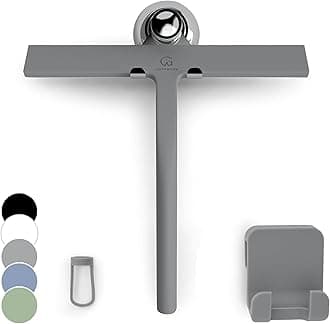 GÜTEWERK Silicone Shower Squeegee for Glass Doors & Mirrors with Stainless Steel Core, Streak-Free & No-Squeak Window Cleaning, 3-in-1 No-Drill Mount (Hook/Suction/Adhesive),Gray, 9 Inches